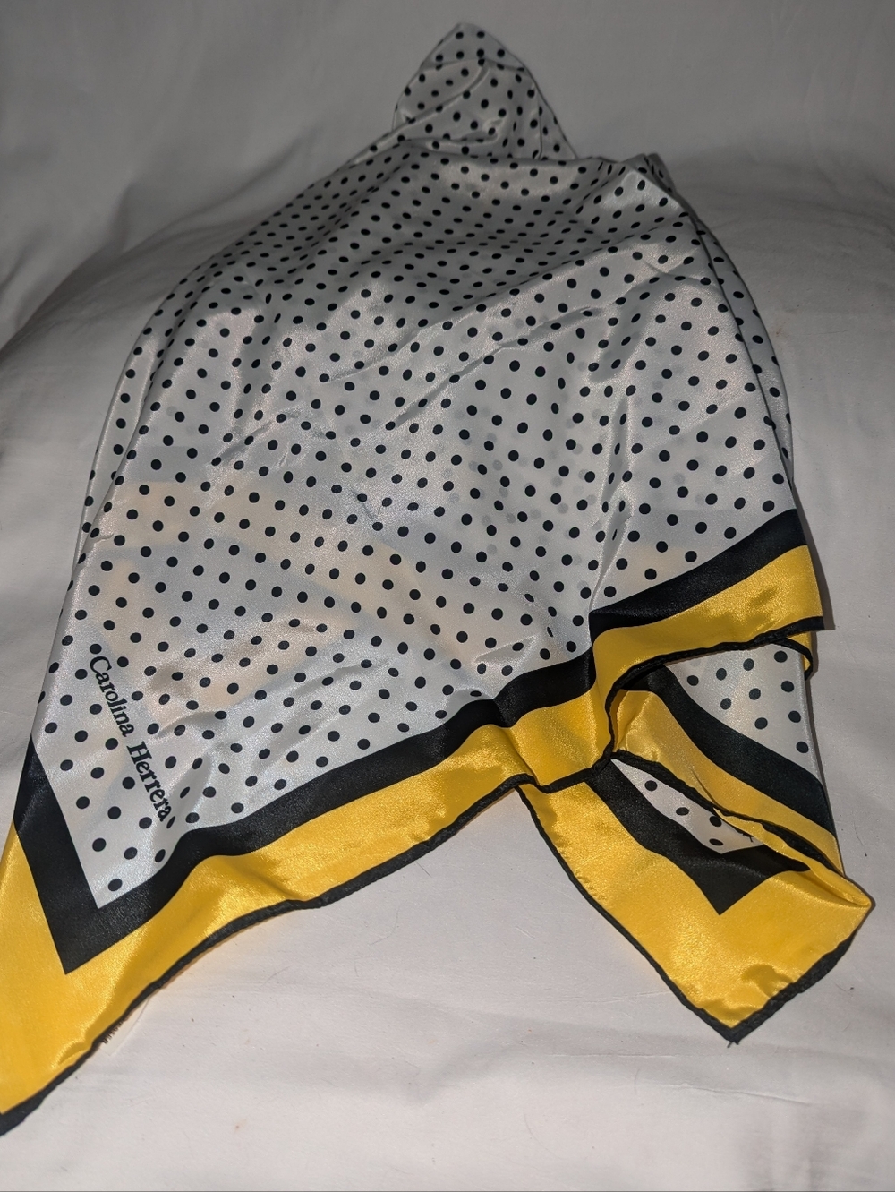 Vintage Carolina Herrera White Polka Dot Scarf with Yellow And Black Border.